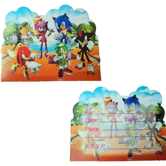 10pcs Cartoon Sonic Invitation Cards Birthday Party Decorations Disposable Paper Thank You Card Baby Shower Kids Party Good Vibrations