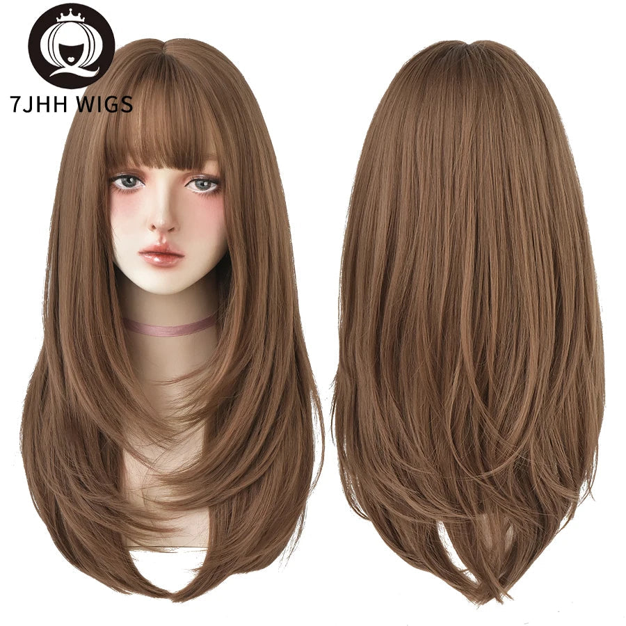 7JHHWIGS Long Wavy Synthetic Black Wigs For Women With Fringe Fashion Heat Resistant Mid-Length Daily Straight Light Brown Hair Good Vibrations