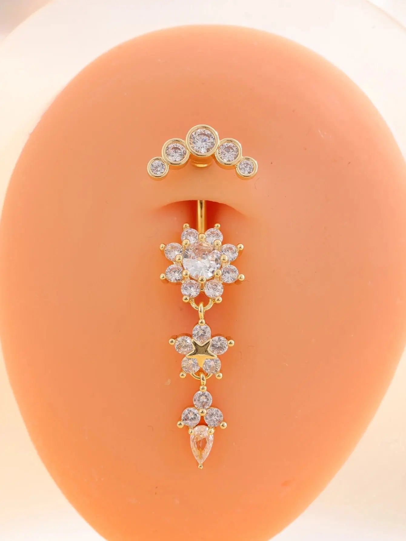 Gold Color Stainless Steel Belly Button Ring Long Dangled Flower CZ Crystal Navel Belly Piercing Rings for Women Sexy Jewelry Good Vibrations Adult Super Store