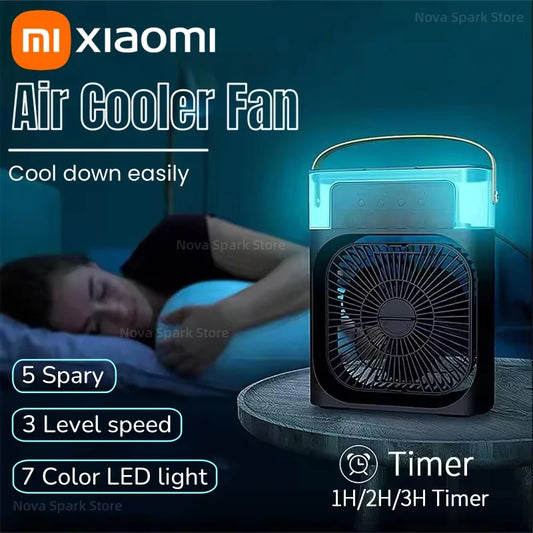 Xiaomi 3-in-1 portable fan air cooler with 7 color LED light, 3 speed levels, 5 spray modes, and timer for home and office use