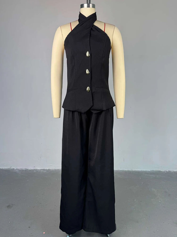 Summer Outfits for Women Halter Neck Waistcoat and High Waist Suit Pants Two Piece Set Office Wear Ladies Casual Suit Good Vibrations