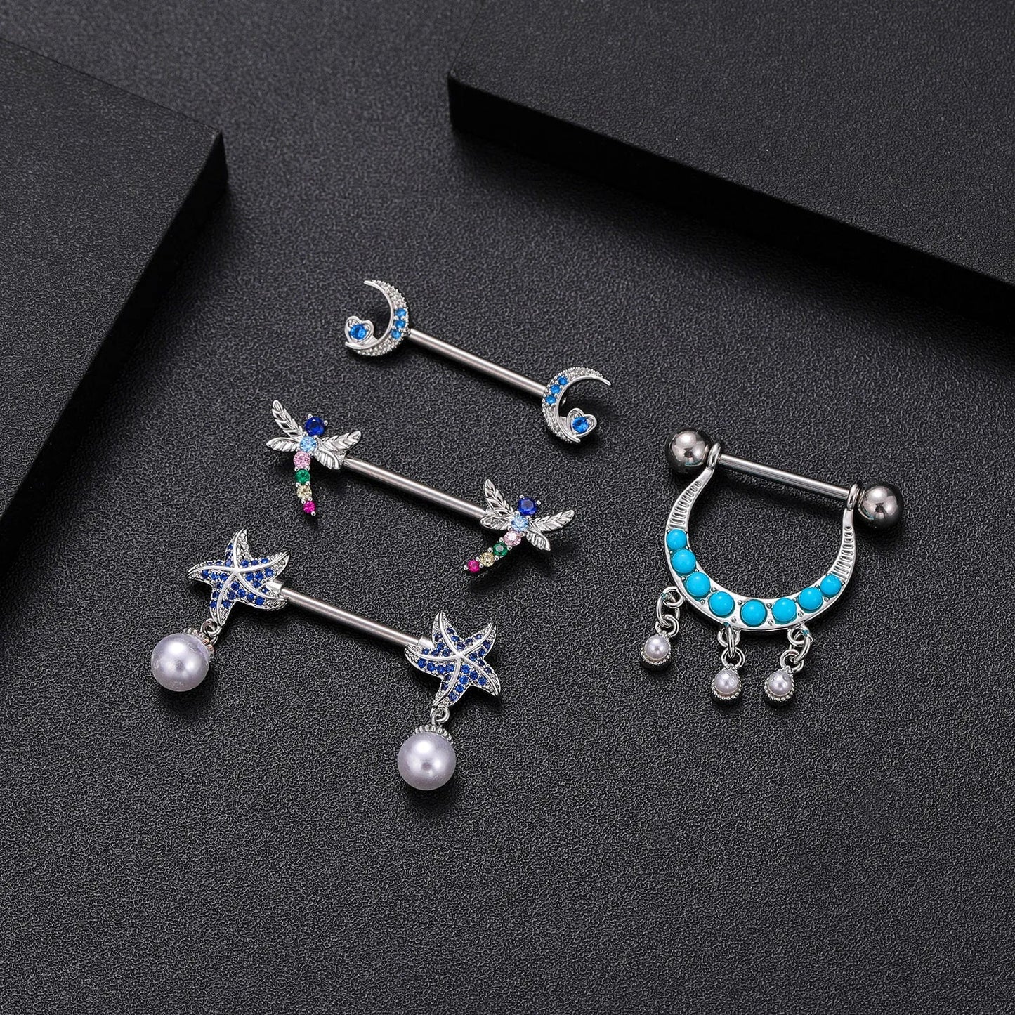 2pcs Steel Bear Dangled Zircon Nipple Piercing Sexy Breast Cover for Women Fashion Starfish Heart Shield Bar Barbell Nipple Ring Good Vibrations Adult Super Store