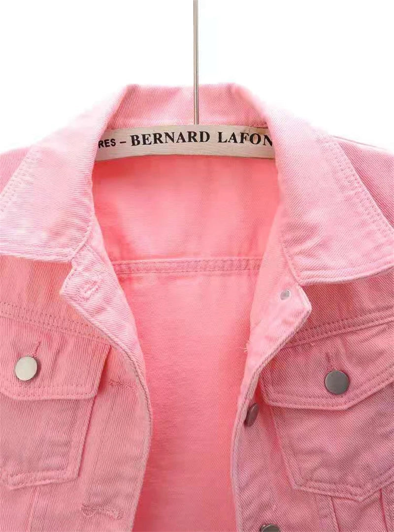 2024 New Women Spring Autumn Denim Jacket Tops Pink Color Solid Short Multicolor Feminino Three Quarter Sleeve Jean Jacket Good Vibrations