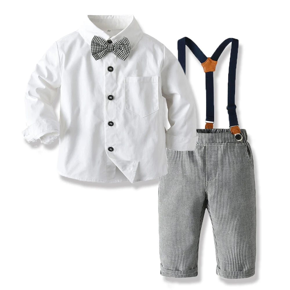 Top and Top Boys Clothing Sets Springs Autumn New Kids Boys Long Sleeve Plaid Bowtie Tops+Suspender Pants Casual Clothes Outfit Good Vibrations