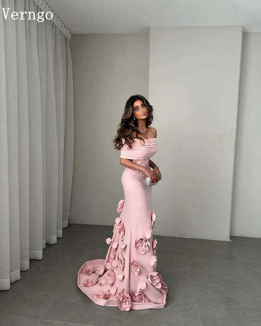 Verngo Pink Crepe Evening Dress 3D Flowers Mermaid Elegant Prom Party Dress Arabic Formal Prom Gown Customized Good Vibrations