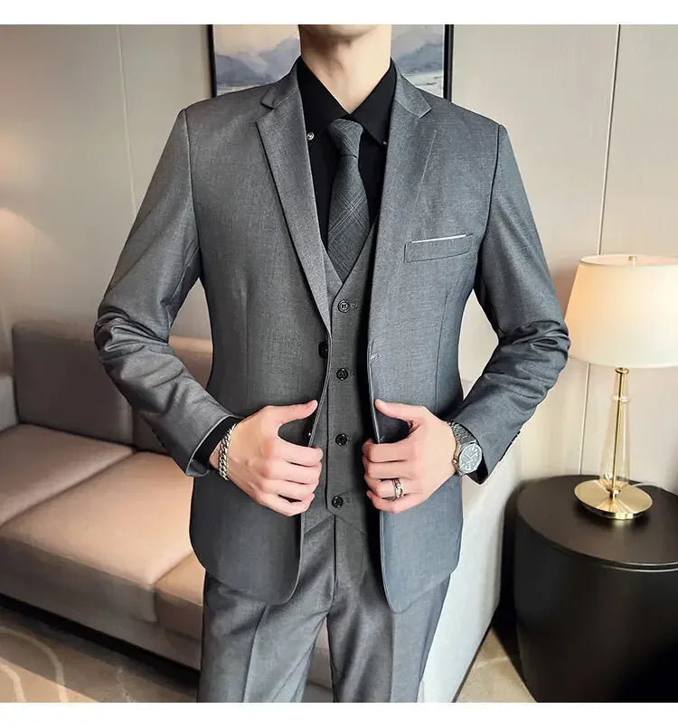 Suit (suit +Vest+Pants) Formal Business Men Four Seasons Professional Fashion Gentleman Solid Color Outdoor British Style Suit Good Vibrations
