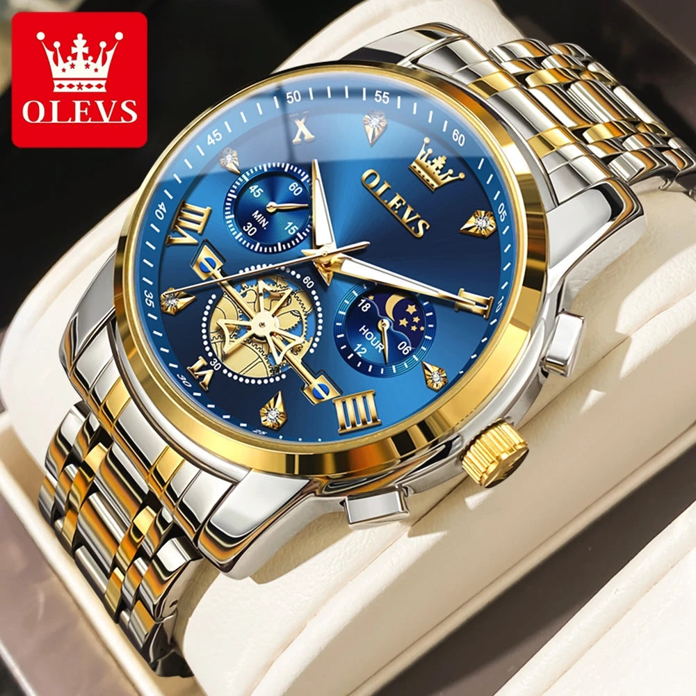 OLEVS Men's Watches Classic Multifunctional Fltwheel Chronograph Original Quartz Wristwatch Moon Phase 24 Hour Waterproof reloj Good Vibrations