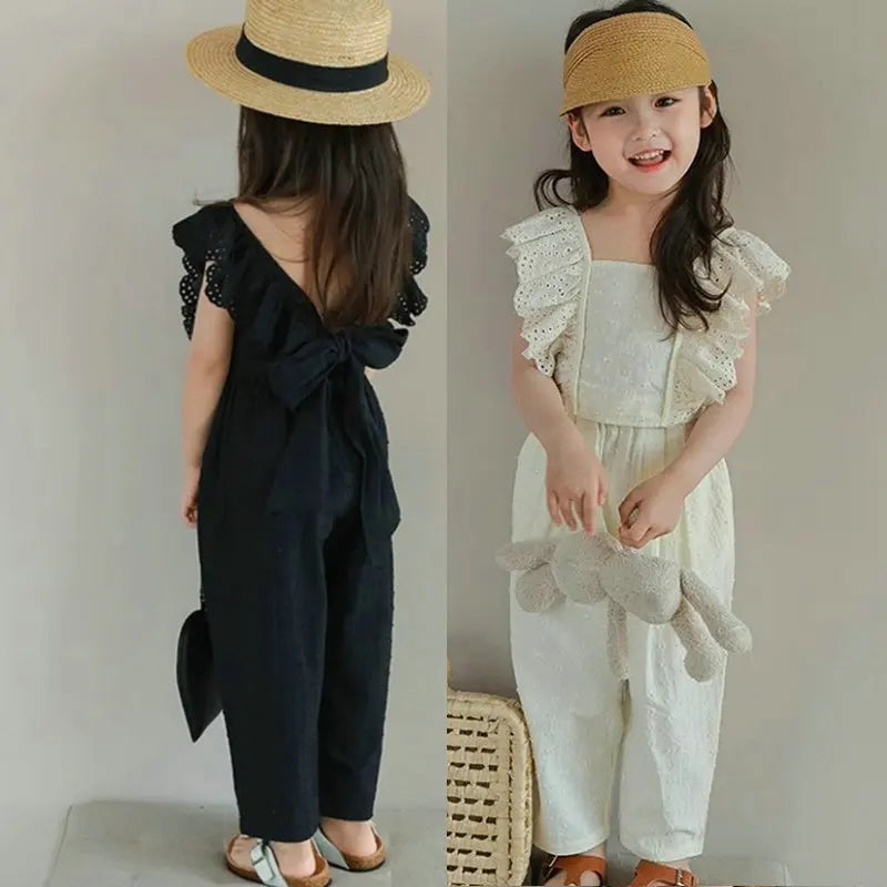 Girls' Clothing Set Hollow Lace Flying Sleeves Top+Cropped pants  Summer New Solid Color Minimalist Temperament Children's Set Good Vibrations
