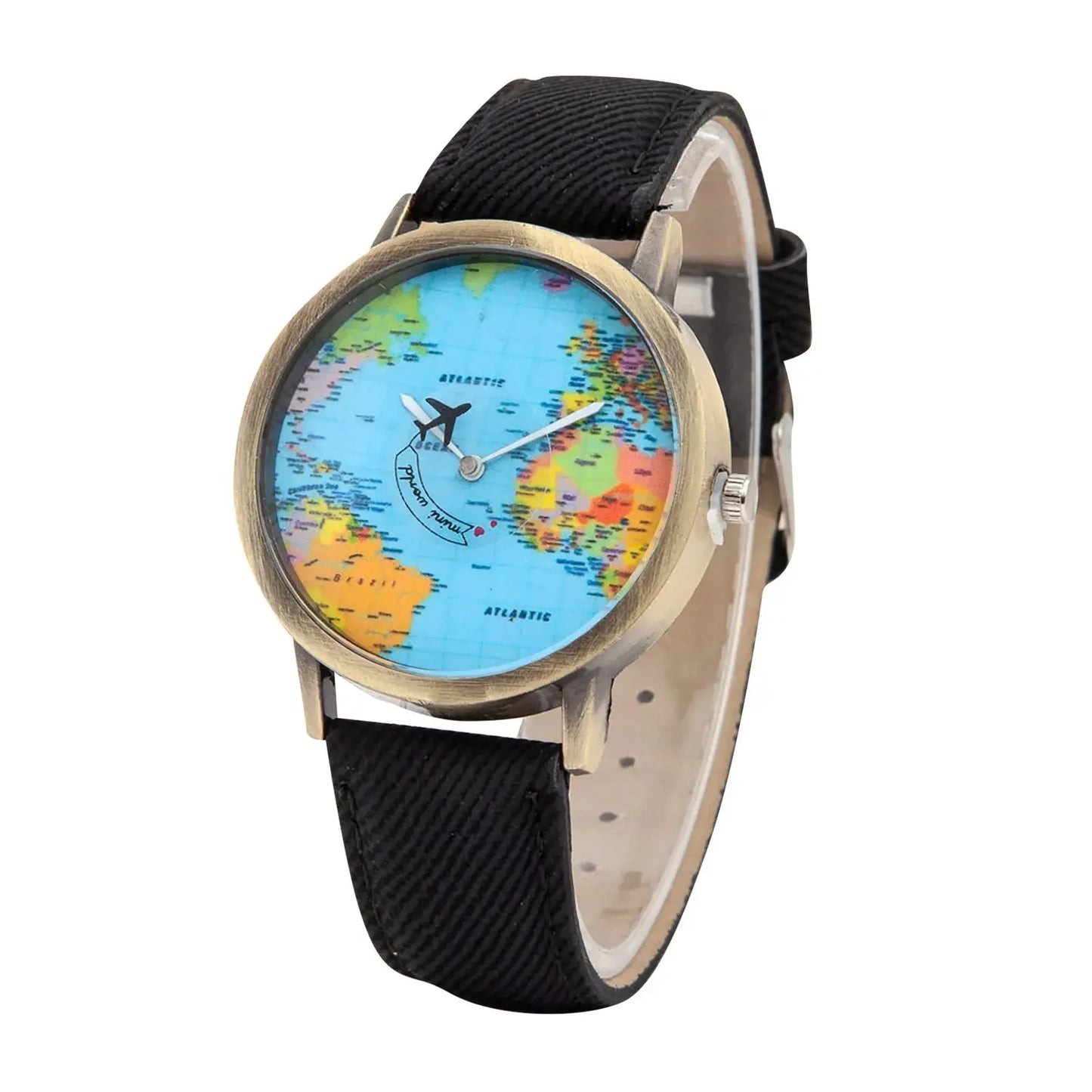 Fashion Global World Map Plane Denim Fabric Band Watch Casual Men Women Wristwatches Quartz Watch Gift Horloges Relógio Good Vibrations