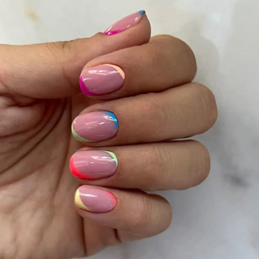 24PCS Colorful French False Nails Diagonal Stripe Design Short Round Fake Nails Elegant Press On Nail Tips for Women Girls Good Vibrations