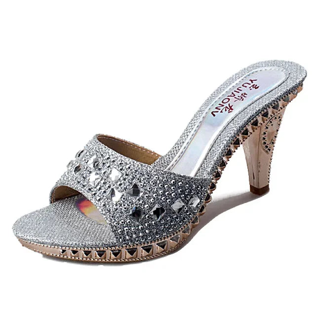 Summer Women Sandals Rhinestone Women Shoes Sexy High Heels Shoe Ladies Sandalias Gold Silver Women Slippers Heeled Sandals Sexy Good Vibrations