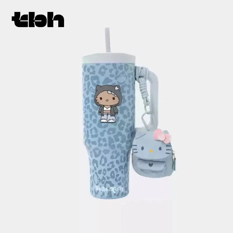TBH Leopard Print Kitty Series Straw Thermos Cup Travel Sports Water Bottle Stainless Steel Cold Insulation Cup Girls Gift Good Vibrations