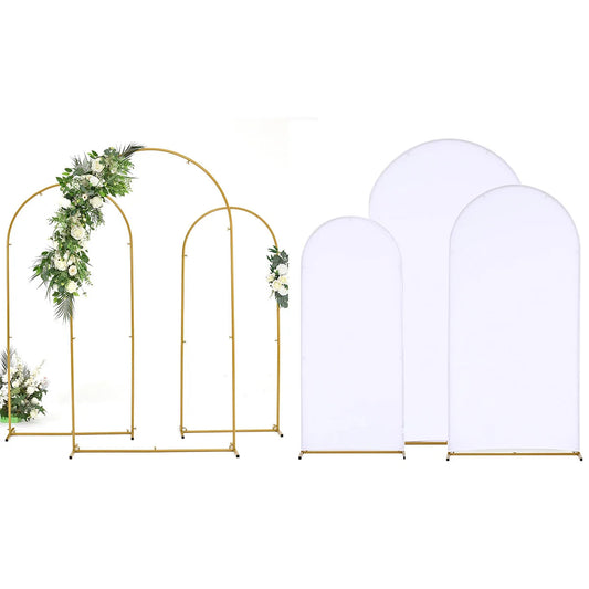 Wedding Arch Backdrop Stand and Cover Set (7.2FT, 6.6FT, 5.9FT) 3 Gold Metal Arch Stands 3 White Spandex Arch Covers for Party Good Vibrations