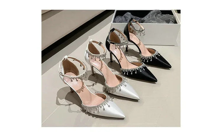 Comemore 2025 White Wedding Bridesmaid Shoes Satin Fashion Rhinestone Fringe Chain High Heels Black Temperament Elegance Pumps Good Vibrations