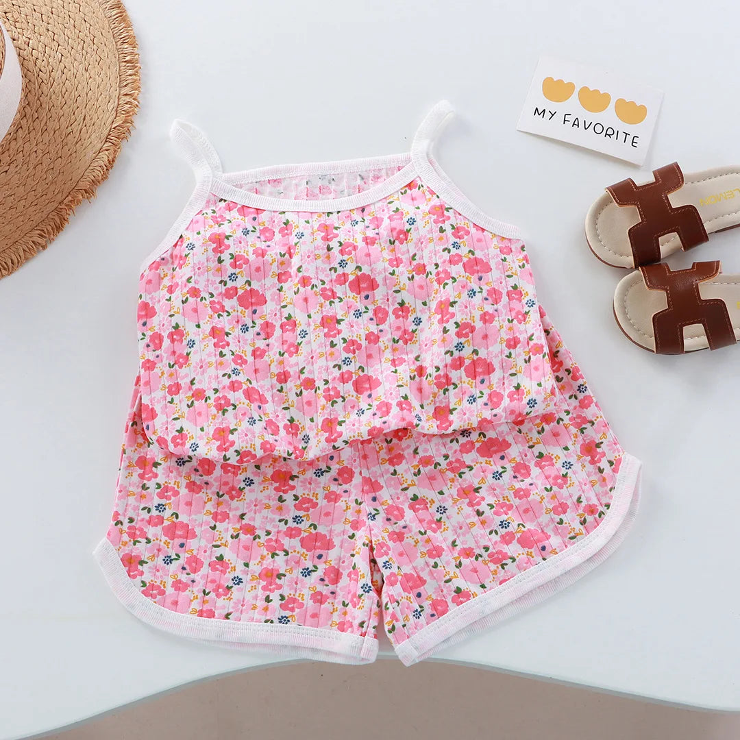 Girls Summer Clothes Sets New Baby Sleeveless Tops Shorts 2 Pieces Suit Girls Square Collar Clothing Set Kids Cotton Clothes Good Vibrations