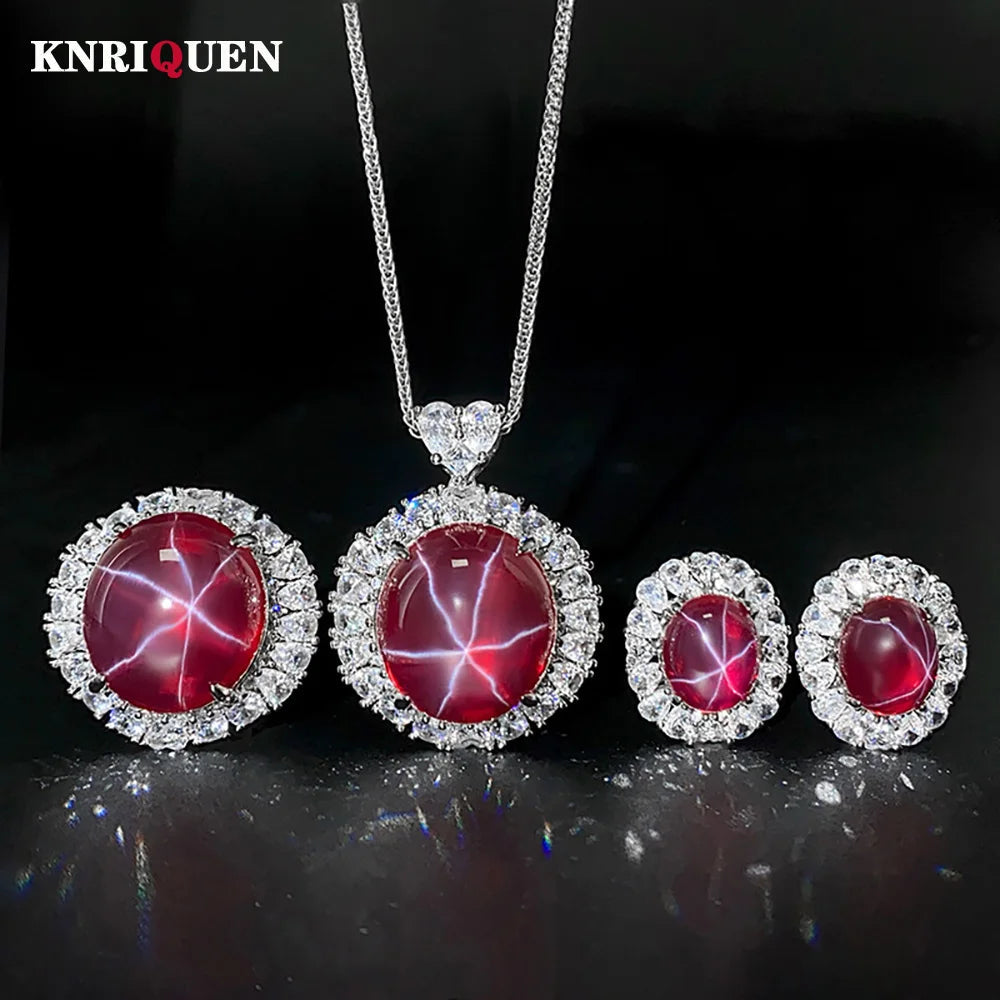 Women's Fine Jewelry Set Retro Lab Ruby Gemstone Necklace Pendant Ring Stud Earrings Wedding Party Accessories Anniversary Gift Good Vibrations Adult Super Store