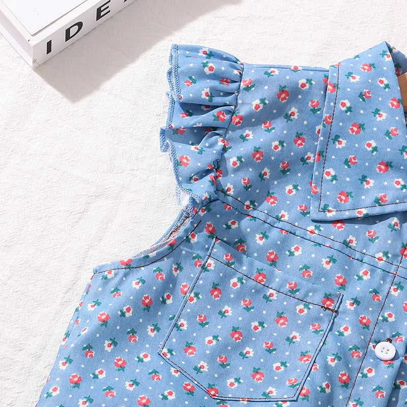 Girls Clothing Sets Light Blue Flowers Printed Button-Down Sleeveless Top & Shorts 2 PCS Korean Style Kids Sets Daily Clothes Good Vibrations