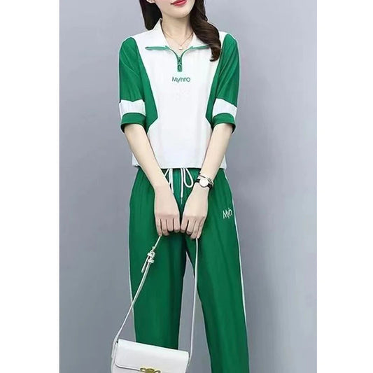2 Piece Sets Women 2024 Summer Fashion Contrast Color Half Zipper Short Sleeve Tops Casual Pockets Sports Joggers Pants Outfits Good Vibrations