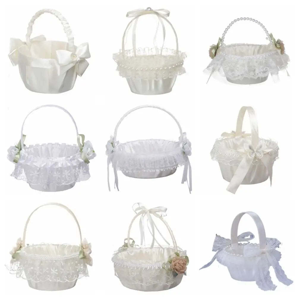 Fashion Lace Wedding Flower Basket Rose Flower Ribbon Bow Satin Bow Hanbag Tote Bag Storage Bag Flower Girls Basket Party Good Vibrations