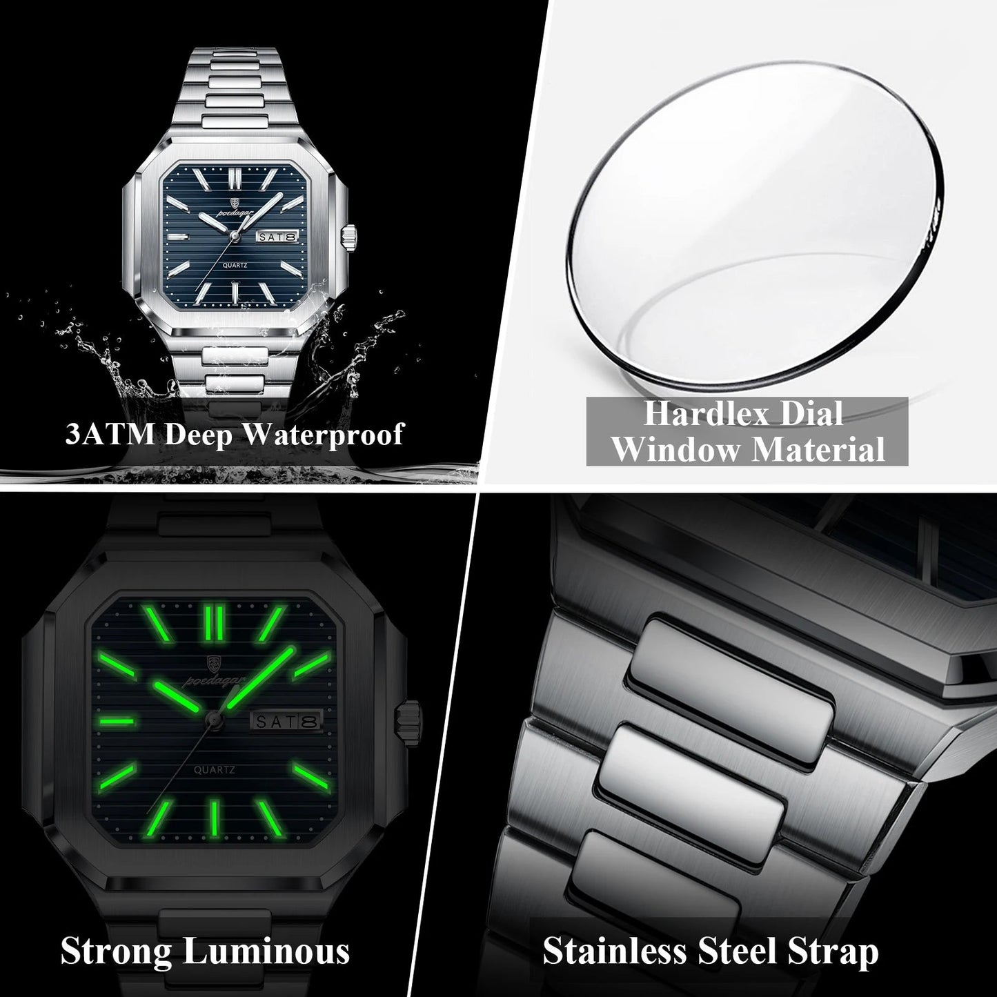 POEDAGAR Luxury Square Fashion Man Wristwatch Waterproof Luminous Date Week Quartz Men's Watches Stainless Steel Men Watch Reloj Good Vibrations