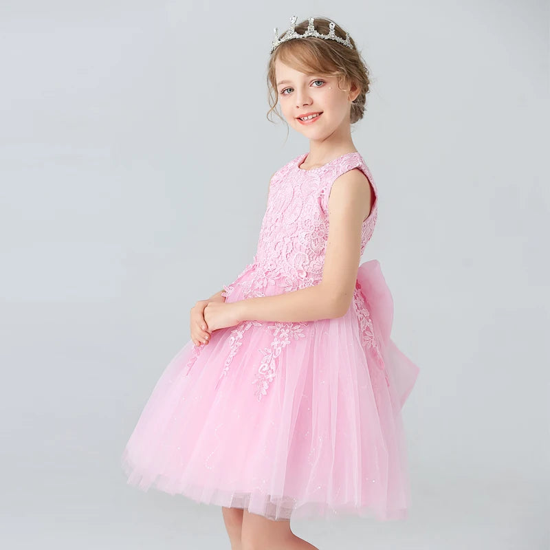 BX8991 White Lace Flower Girl Dress Bows Children's First Communion Dress Girls Sleeveless Princess Dresses Good Vibrations