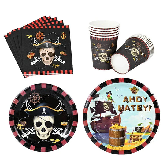 Pirate Theme Party Disposable Tableware Sets Paper Plate Cup Kids Birthday Party Decor Halloween Baby Shower Dining-table Supply Good Vibrations