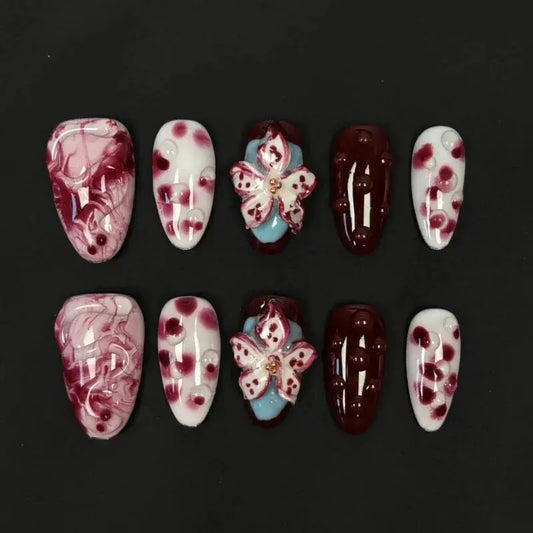 10Pcs Halloween Nails Fake Nails Mid-Length Almond Shape Press on Nails Spotting Design Manicure Arts Good Vibrations