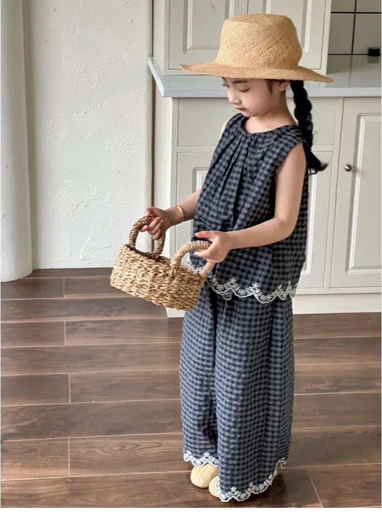 Girls' Summer Outfit New Kids Temperament Plaid Lace Vest+Wide Leg Pants Two-piece Set Trendy Children's Clothing Sets Good Vibrations