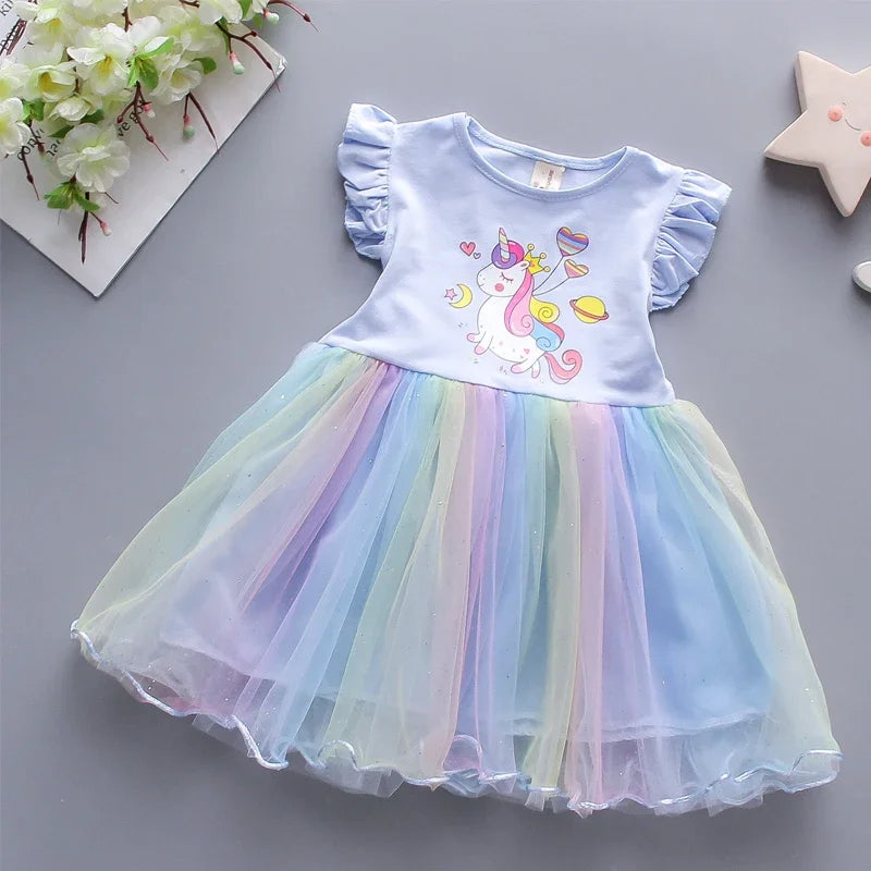 Girls Clothes 2025 New Summer Princess Dresses Flying Sleeve Kids Dress Unicorn Party Girls Dresses Children Outing Clothing 3-8 Good Vibrations