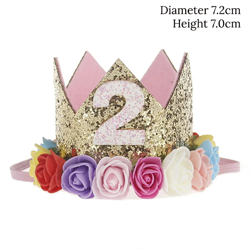 Baby Birthday Decoration Girl 1 2 3 Years Crown Hat Pink White Flower Sequins Crown 1st birthday Photo Prop Happy Birthday Gifts Good Vibrations