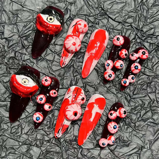 Handmade Press on Nails Punk Dark Style Halloween False Nails Black and Red Scary Eyeball Design Long Almond False Nails Good Vibrations