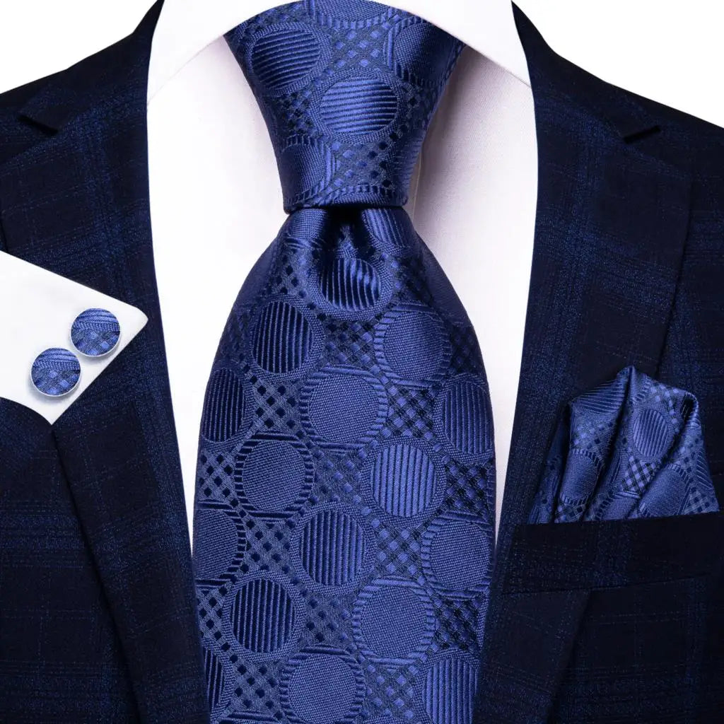 Hi-Tie Navy Blue Solid Paisley Silk Wedding Tie For Men Hanky Cufflink Mens Necktie Set Business Party New Design Dropshipping Good Vibrations