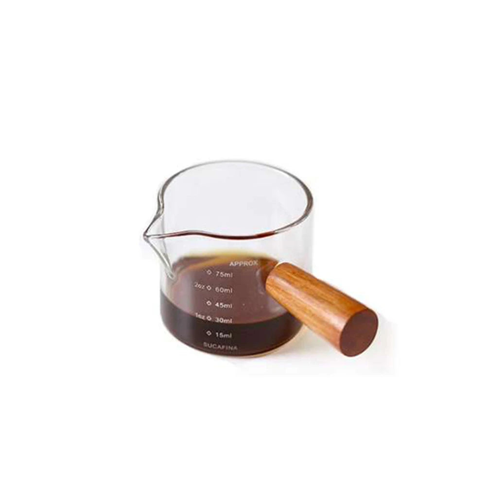 1pc Glass Measuring Cup Wood Handle Glass Espresso Measuring Cup Double Single Mouth Milk Coffee Clear Mug Coffee Supplies Good Vibrations