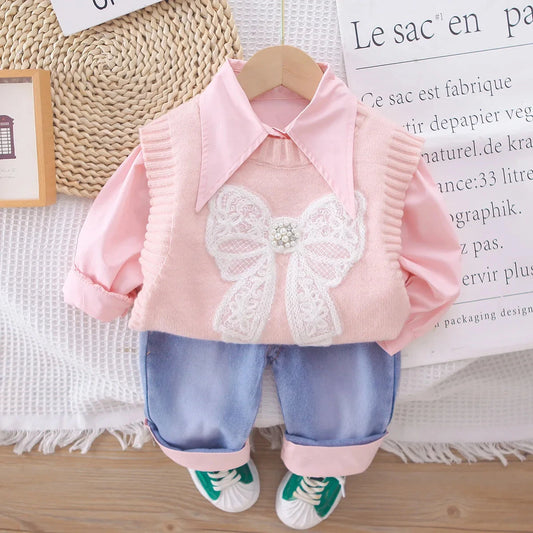 2025 Spring New Girls Clothing Set 1-5Y Girls Suit Solid Shirt Matched Bow Knit Vest And Blue Jeans 3 PCs Girls Suit Good Vibrations