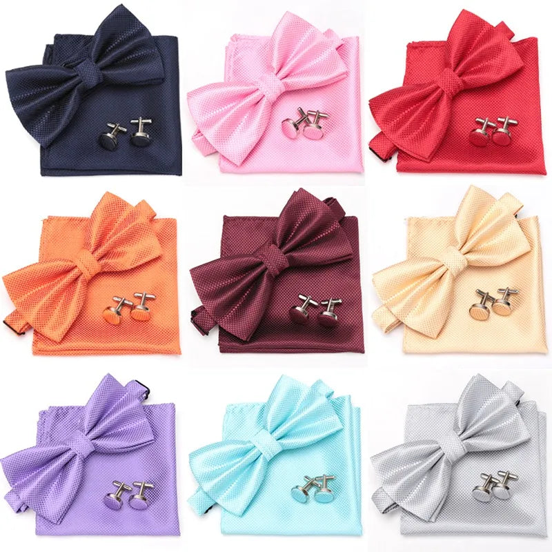 Men Bowtie Set 3pcs Plaids Classic Fashion Wedding Party Formal Cufflinks Bow Tie Handkerchief Cuff Links Lots Three Piece Set Good Vibrations