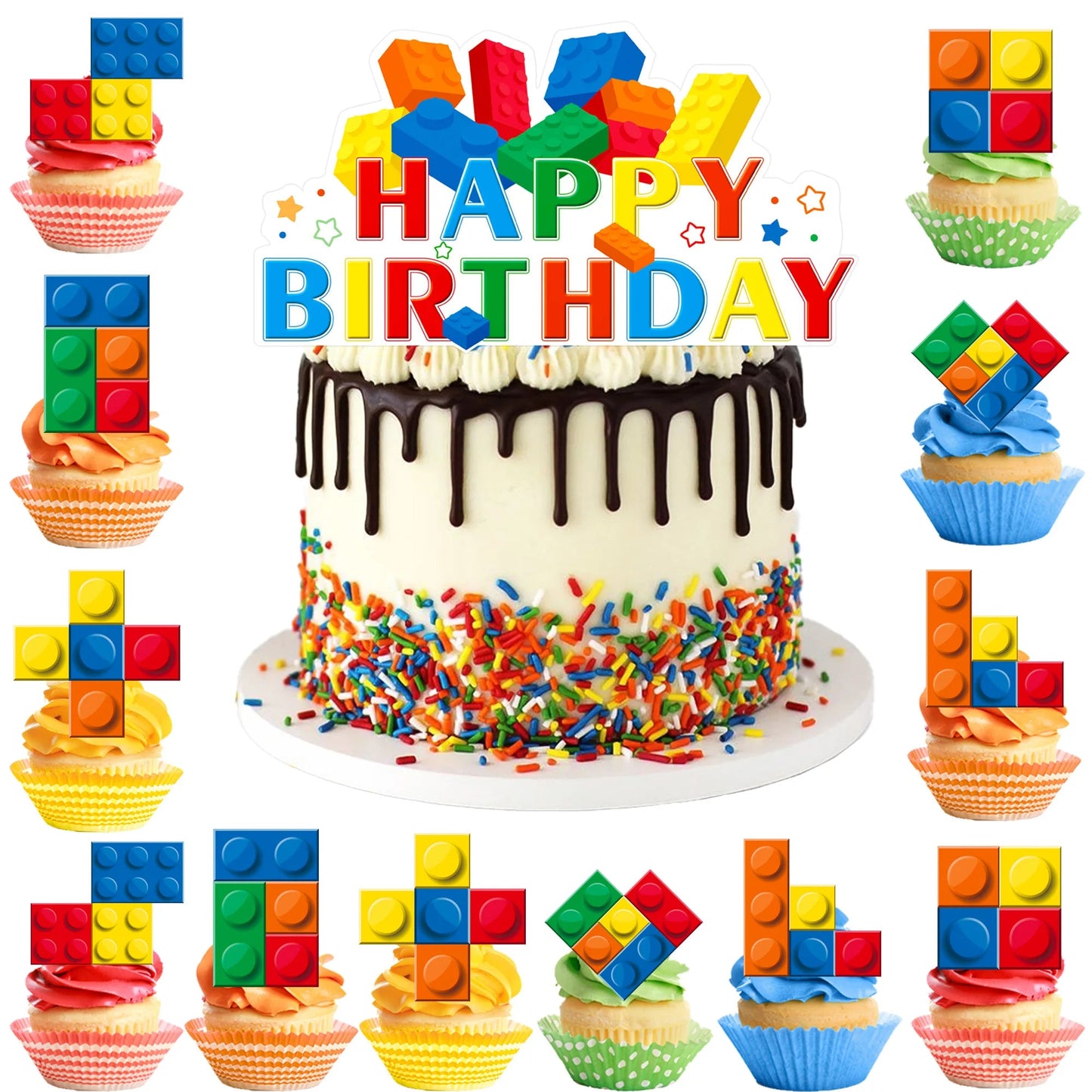 Building Blocks Cake Topper, 24 Pcs Building Block Birthday Party Cupcake Toppers + 1 Pcs Building Block Birthday Cake Topper Good Vibrations
