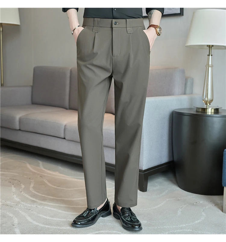 Men Straight Leg Suit Pants Summer Ice Silk Lightweight Elastic Waist Casual Loose Wide-leg Trousers Dress Pants Men Clothing