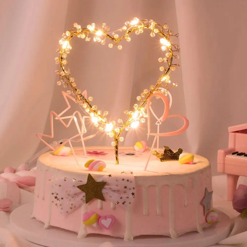 Heart Shape LED Pearl Cake Toppers Baby Happy Birthday Cupcakes Party Decoration Cake Decorating Tool Good Vibrations