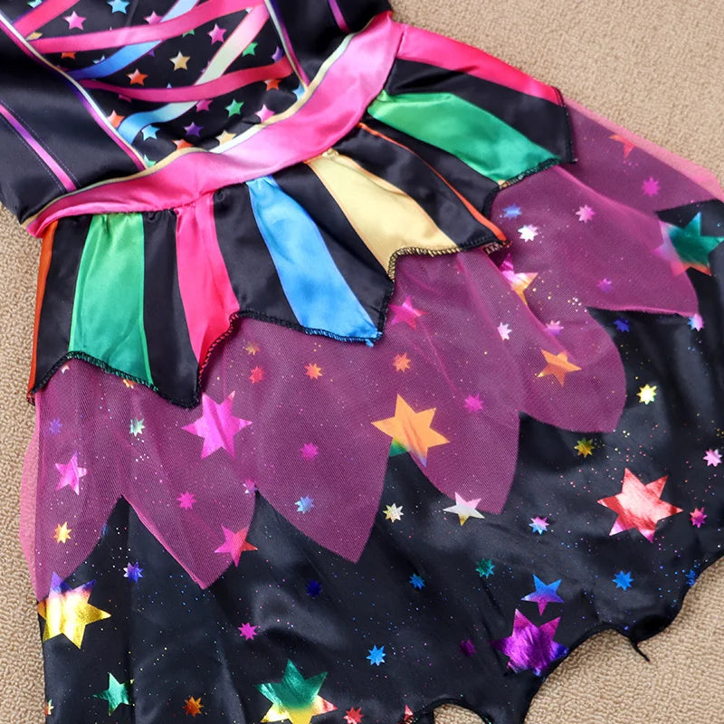 Halloween Children's Witch Dress - Comes with Hat, Halloween Role Playing Costume,Colorful Star Pattern Printed Carnival Costume Good Vibrations