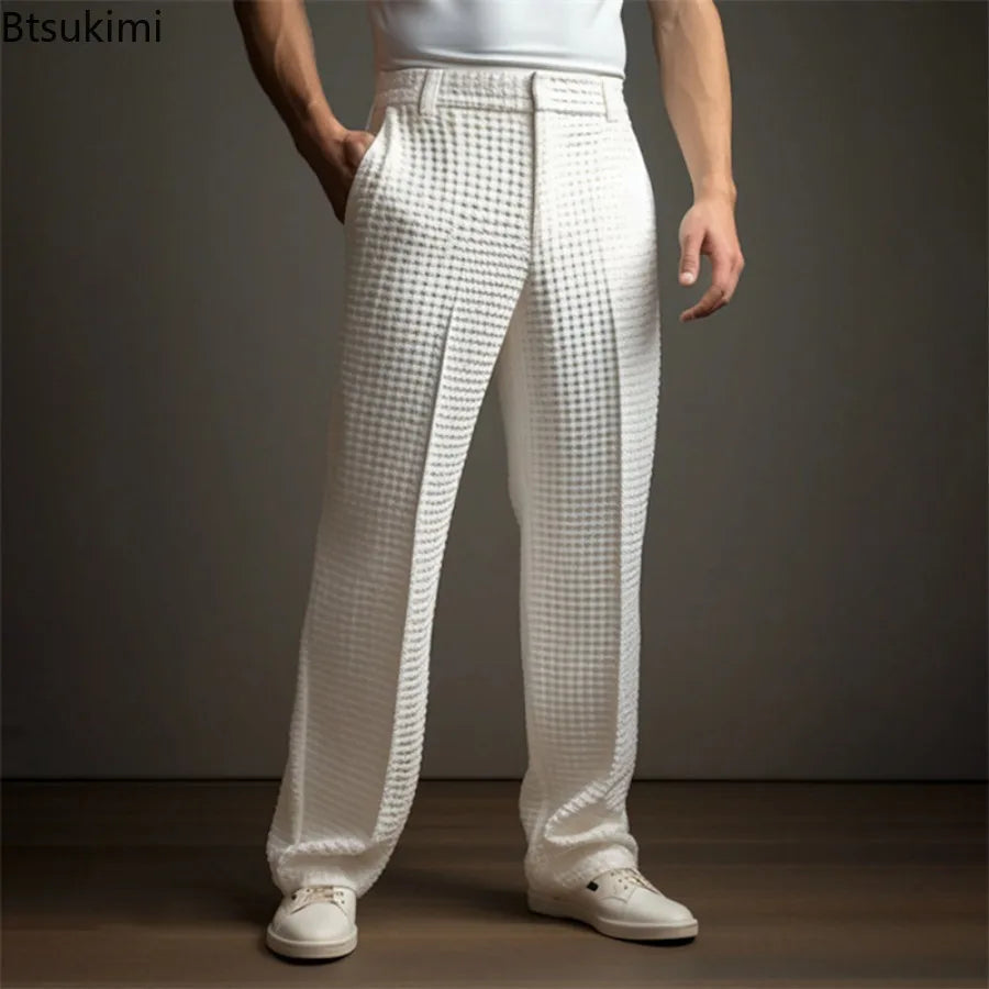 New 2025 Men's Elegant Waffle Suit Pants Solid Loose Straight Trousers Business Social Dress Pants Casual Vacation Pants for Men Good Vibrations
