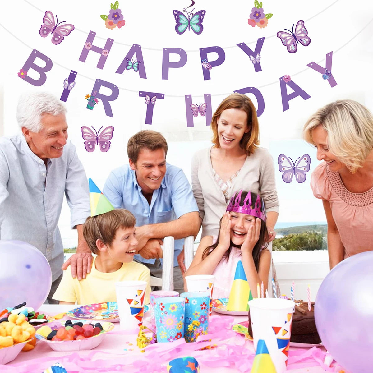 Pink Happy Birthday Banner With Butterfly Dancing Hanging Pendant Garlands  Girls Princess 1st Happy Birthday Party Decorations Good Vibrations