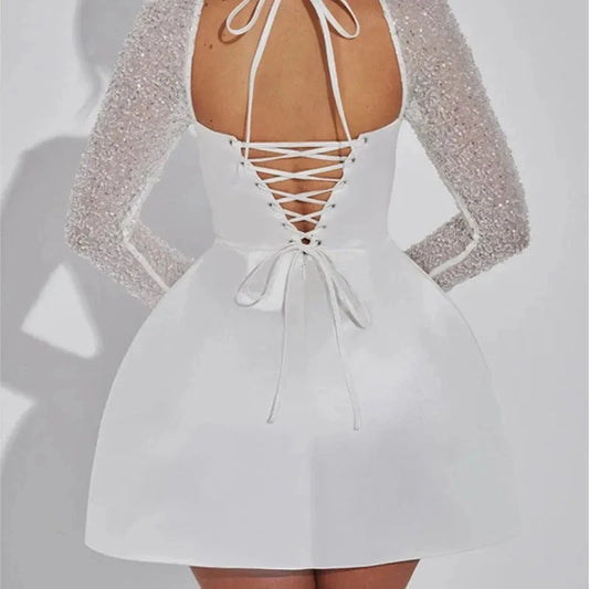 Autumn New Sequins Long Sleeve Mini Dress Chic Square Collar Backless Evening Dress Elegant Ladies Lace Up Exclusive Short Dress Good Vibrations