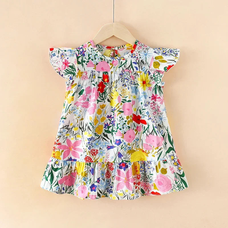 Girl Dresses100% Cotton Children's Clothing Summer Kids Clothes Girls Party Princess Fashion Outfit Flower Pattern Beach Dresses Good Vibrations