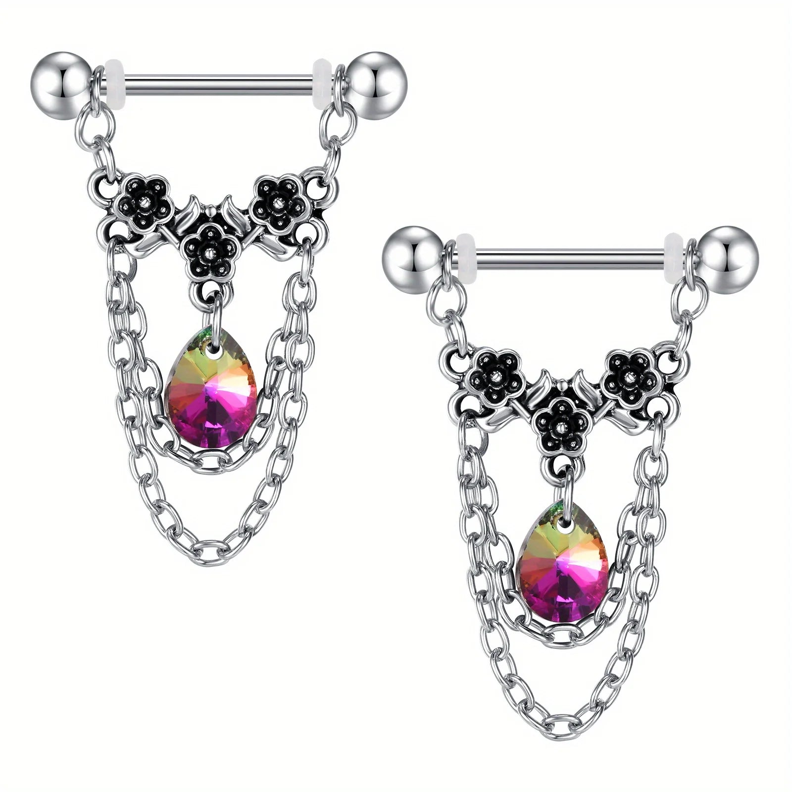 1pair Stainless Steel Nipple Rings, Nipple Barbell With Chain CZ, Nipple Piercing Jewelry Good Vibrations Adult Super Store