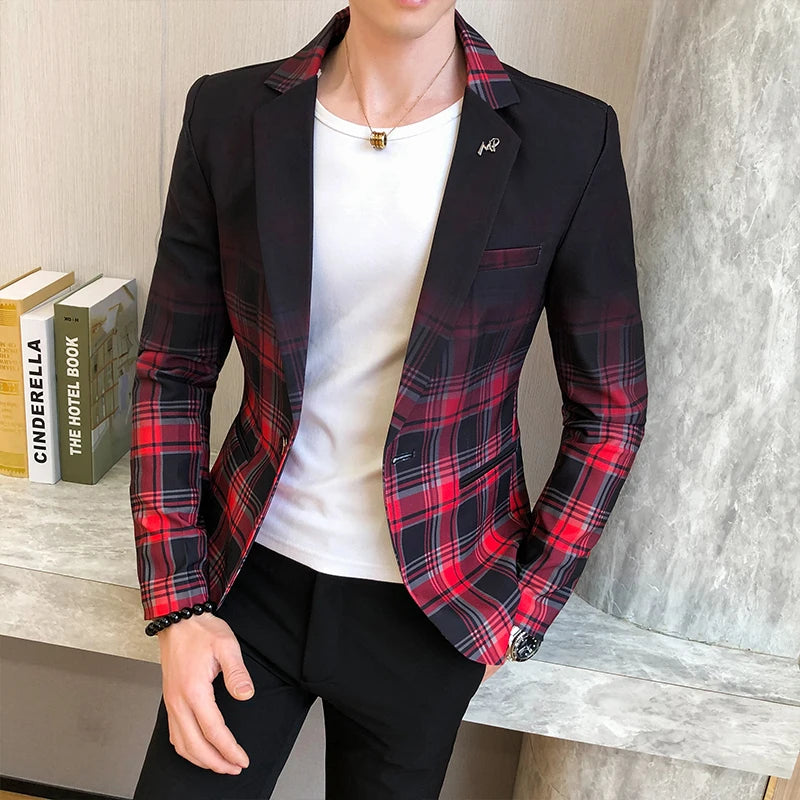Blazer Men Boutique Fashion Plaid Men's Slim Casual Suit Jacket Male Ball Social Blazer Suit Coat Host Clothing Good Vibrations