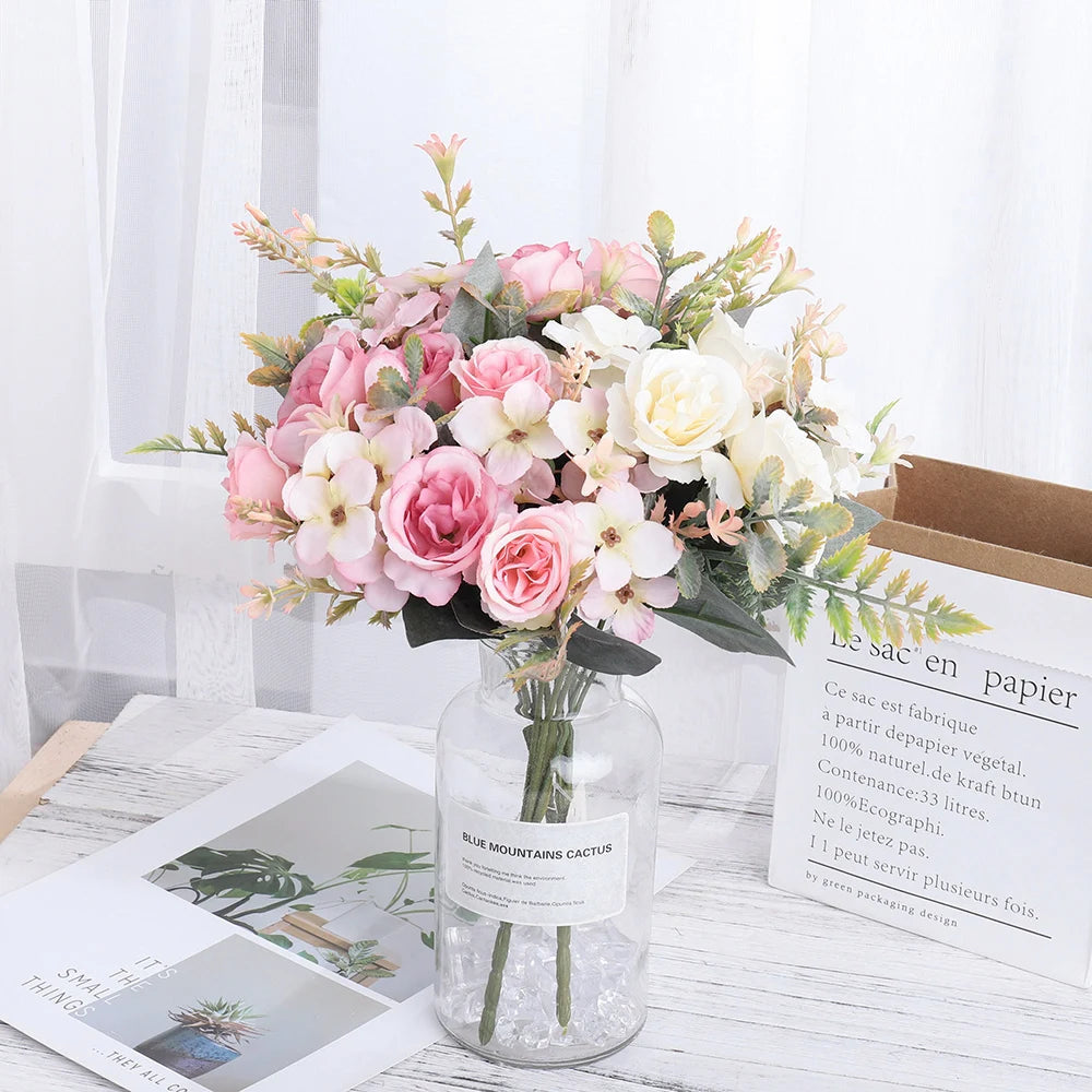 Beautiful Roses Autumn Artificial Flowers Silk Peony Hydrangea Big Bride Bouquet Wedding Home Party DIY Decoration Fake Flowers Good Vibrations