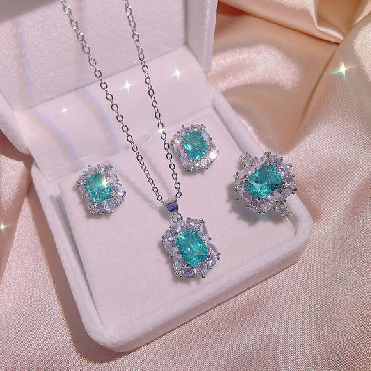 New Paraiba Women's Jewelry Set Princess Bling Bling Zircon Stud Earrings Pendant Adjustable Ring Three Piece Set Party Gift Good Vibrations