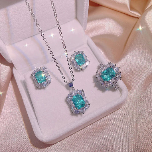 New Paraiba Women's Jewelry Set Princess Bling Bling Zircon Stud Earrings Pendant Adjustable Ring Three Piece Set Party Gift Good Vibrations