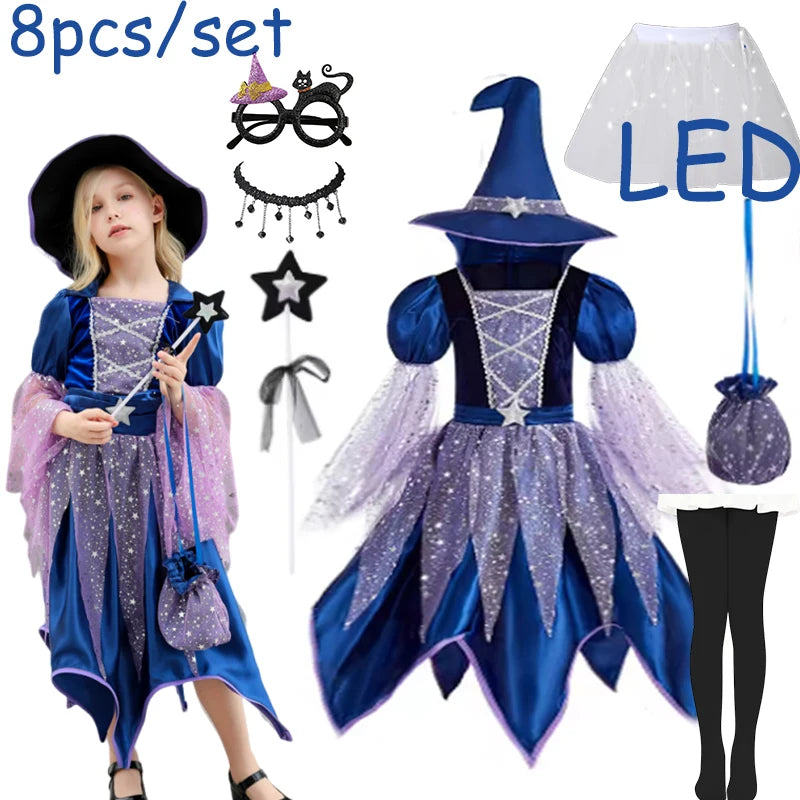 Halloween Party Costumes Witch Dress for Girls Kids Cosplay Carnival Witch Costume Pumpkin Dress Up With Bag Hat Wand Clothing Good Vibrations