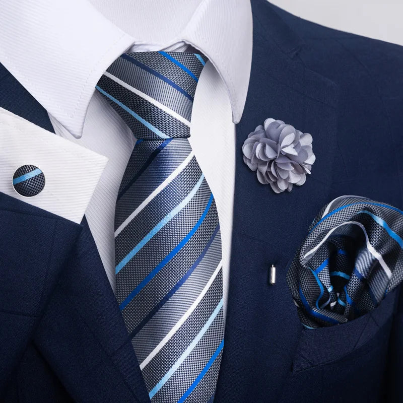 Luxury Mens Ties Floral Black Gold Ties Paisley NeckTie Pocket Square Cufflinks Brooch Set Men's Wedding Party Tie Good Vibrations